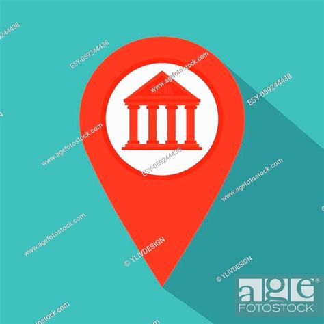 Red map pin icon with bank icon. Flat illustration of red map pin icon with bank vector icon for ...