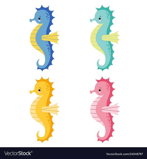 Set of cute cartoon colorful sea horse isolated Vector Image Seahorse Cartoon, Baby Seahorse ...