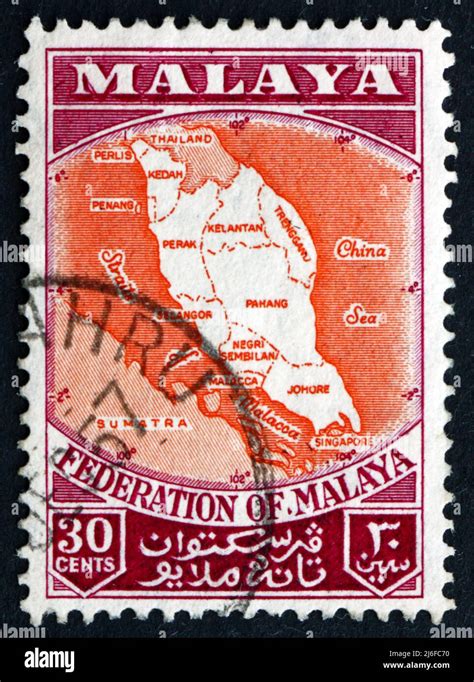 MALAYA - CIRCA 1957: a stamp printed in Malaya shows Map of Federation ...