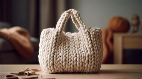 Premium AI Image | Handmade knitted bag on wooden table in room closeup