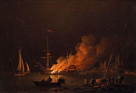 Ship on fire at night Painting by Charles Brooking - Fine Art America