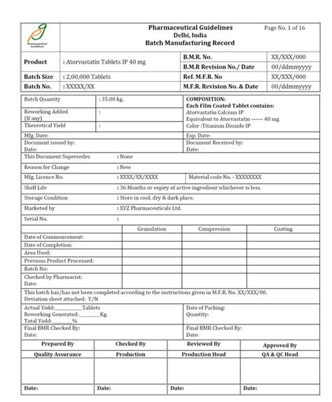 Sample of Batch Manufacturing Record (BMR) – Atorvastatin – PDF ...