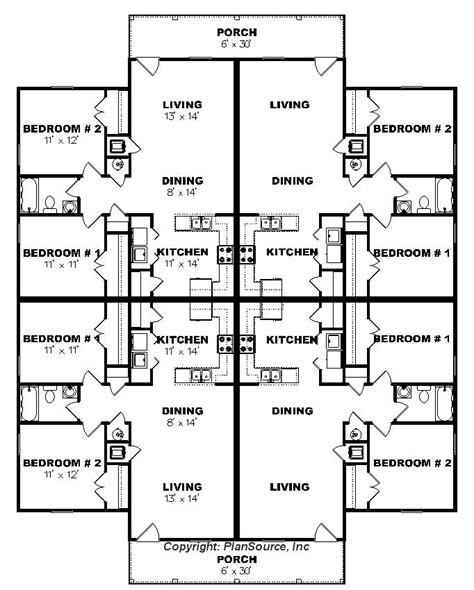 Apartment plan J0124-13-4b - 4plex - PlanSource, Inc | Duplex floor plans, Apartment plans ...