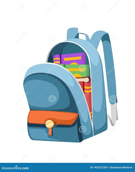 Colorful Opened School Bag with Books. Backpack with Zippers. Cartoon ...