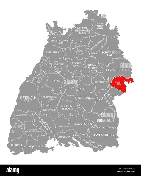 Heidenheim county red highlighted in map of Baden Wuerttemberg Germany ...