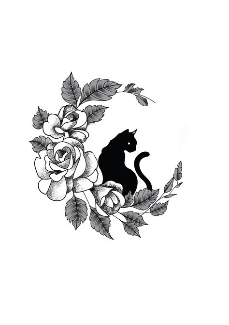 Flower Cat Moon Tattoo Design. Designer: Andrija Protic | Cat tattoo ...