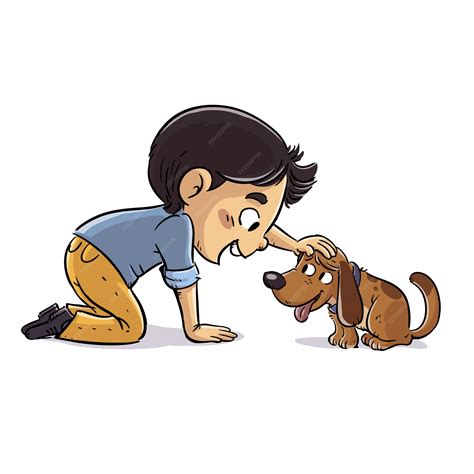 Premium Vector | Boy petting his small dog