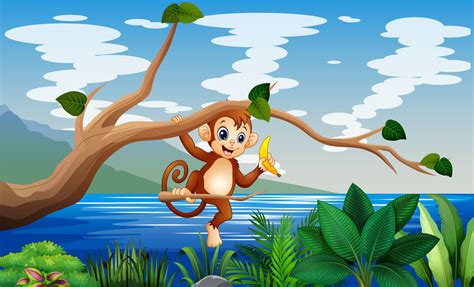 Cartoon monkey hanging on a tree trunk 6951732 Vector Art at Vecteezy