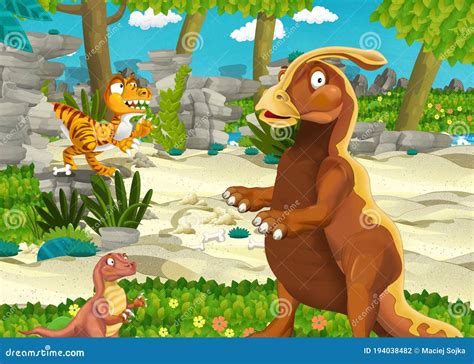 Cartoon Scene with Dinosaur in the Jungle Nature Background ...