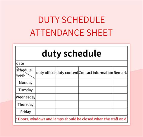 Duty Schedule Attendance Sheet Excel Template And Google Sheets File For Free Download - Slidesdocs