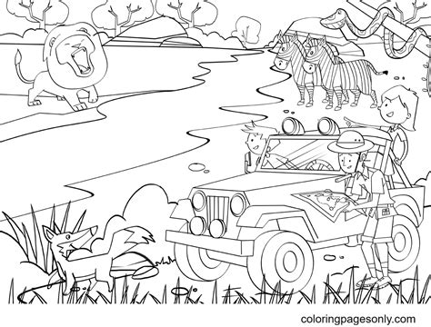 Safari Jeep and Animals Coloring Page - Free Printable Coloring Pages