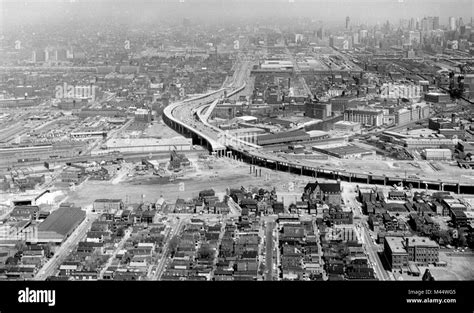 North looking aerial view of the intersection of the Dan Ryan Expressway and the under ...