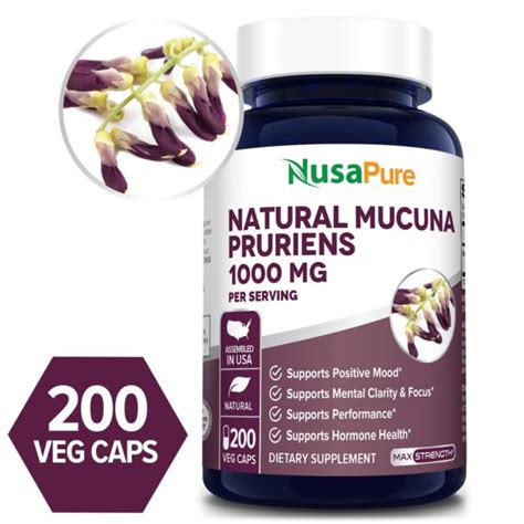 Pure Mucuna Pruriens 1000mg 200caps 15% L-Dopa (NON-GMO & Gluten Free ...