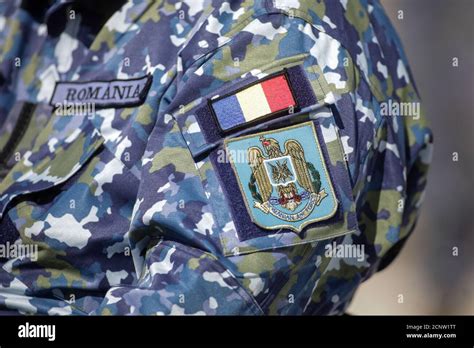 Capu Midia, Romania - September 17, 2020: Logo of the Romanian Air Force on the uniform of an ...