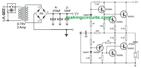 Simple 100 Watt Amplifier Circuit using 2N3055 Transistors