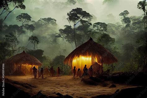 Indigenous amazonian tribe huts in the middle of a rainforest. Ancient ...