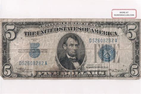 Series Of 1934 $5 Silver Certificate Blue Seal Circulated