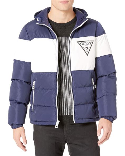 Guess Color Block Hooded Puffer Jacket in Navy (Blue) for Men - Lyst