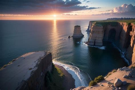 Premium AI Image | A sunset over the ocean with a cliff in the foreground