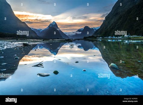 Sunrise and reflection at Mitre Peak, Milford Sound in Fiordland ...