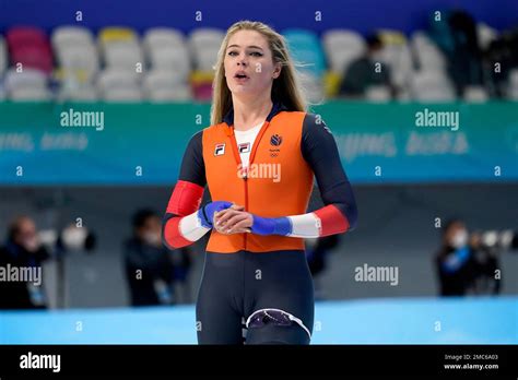 Jutta Leerdam of the Netherlands reacts after her heat in the women's ...