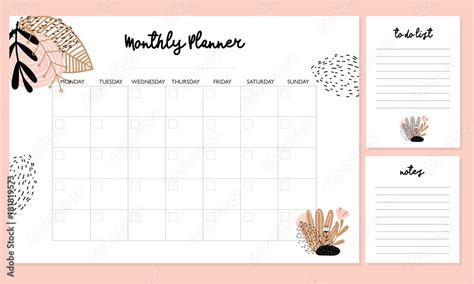 Cute Monthly Planner with flowers, to do list, notes, printable, vector Stock Vector | Adobe Stock