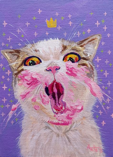 Painted a cute meme of a cat eating cake. : r/painting