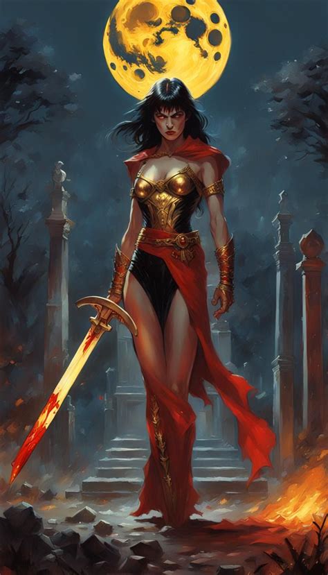 Byzantium_color Palette,vampirella facingthe camera carrying a flaming sword in a graveyard with ...