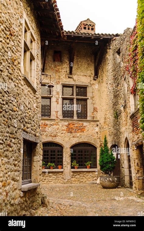 Medieval architecture of Perouges, France, a walled town, a popular ...