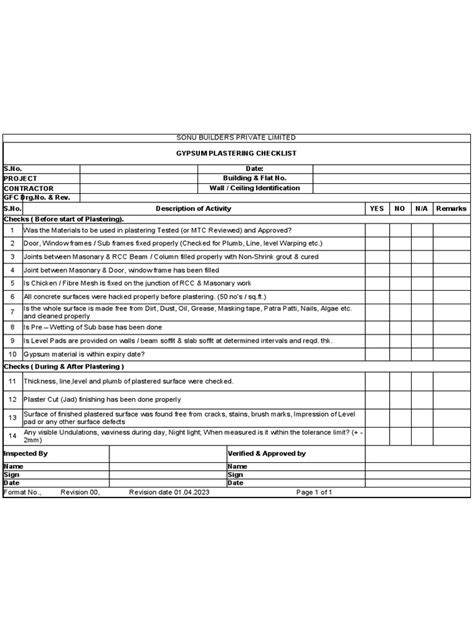 Checklist For Gypsum Plaster Works | PDF