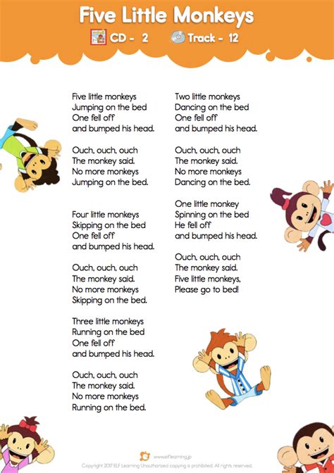 Classroom Classics "Five Little Monkeys" Lyric Sheet - ELF Learning