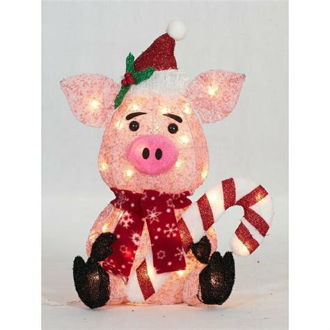 Christmas Outdoor Decor Glittering Thread Pig With Candy Cane Lighted ...