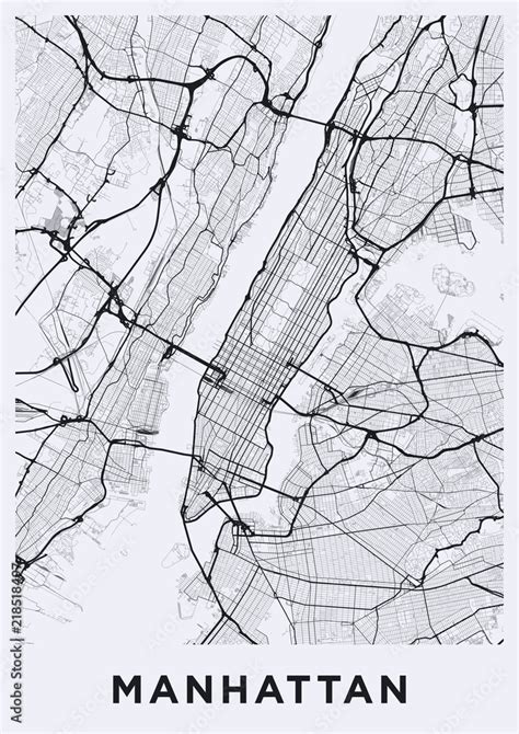 Light Manhattan (New York) map. Road map of Manhattan (NYC). Black and white (light ...