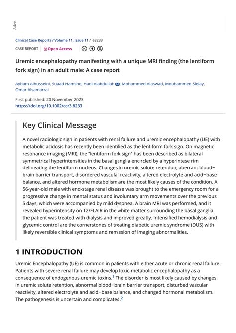 (PDF) Uremic encephalopathy manifesting with a unique MRI finding (the lentiform fork sign) in ...