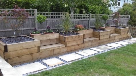 Raised beds with integrated garden seating made from railway sleepers. #garden #sleepers (Diy ...