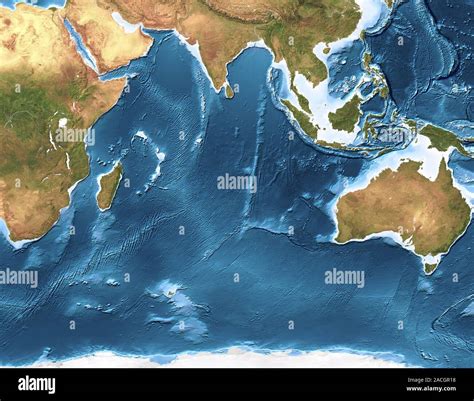 Indian Ocean sea floor topography, satellite image. This map combines cloud-free satellite ...