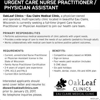 Urgent Care Nurse Practitioner / Physician Assistant, Oak Leaf Clinics - Eau Claire Medical ...