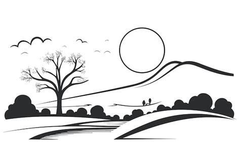 Premium Vector | Landscape with trees and hills black and white flat ...