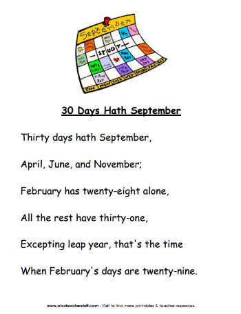 30 Days Hath September Printable Poem | A to Z Teacher Stuff Printable ...