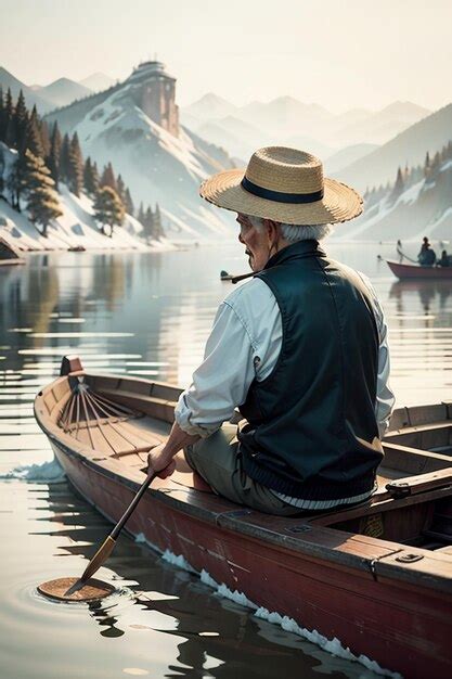 Premium AI Image | Old man fishing in a boat with houses trees forests and snow capped mountains ...