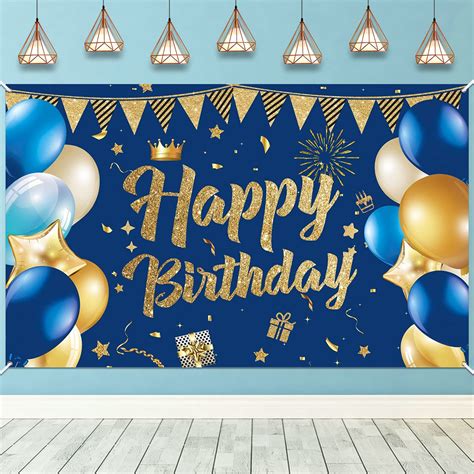 Navy Blue Birthday Party Decoration Banner, Navy Blue and Gold Happy Birthday Backdrop Banner ...