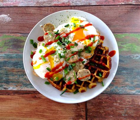 Paleo Savory Waffles with Fried Eggs & Hot Sauce