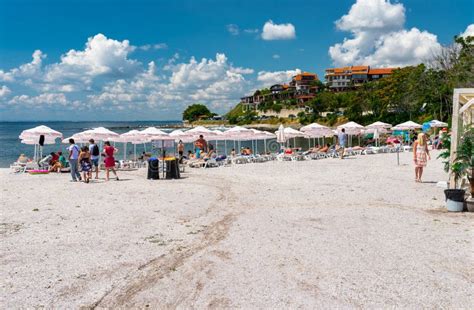 Nessebar, Bulgaria July 15, 2019. Tourists on the Island Beach in the Historic City of Nessebar ...