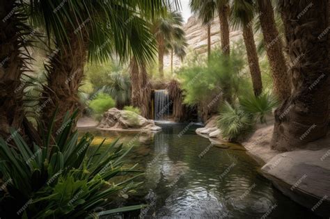 Premium AI Image | Desert oasis with waterfall surrounded by greenery created with generative ai