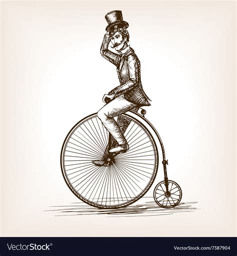 Man on retro vintage old bicycle sketch Royalty Free Vector