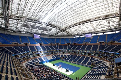 PHOTOS: Unveiling Spectacular: Arthur Ashe Stadium Roof | Stadium architecture, Indoor arena ...