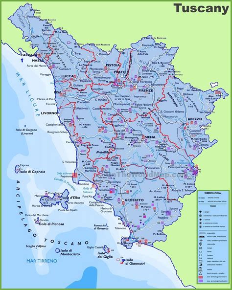 Large detailed travel map of Tuscany with cities and towns | Tuscany map, Map of tuscany italy ...