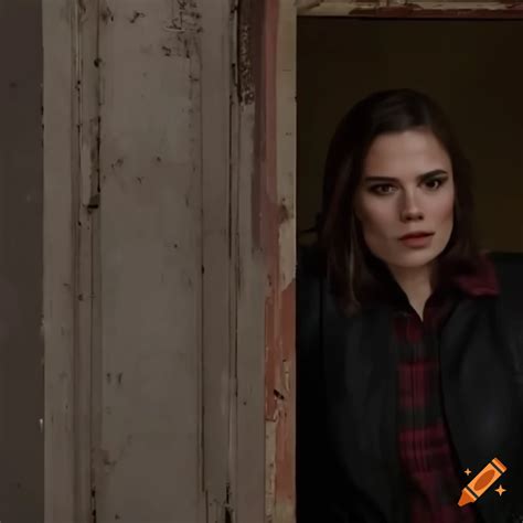 Actress hayley atwell peeking through a door in a derelict building on ...