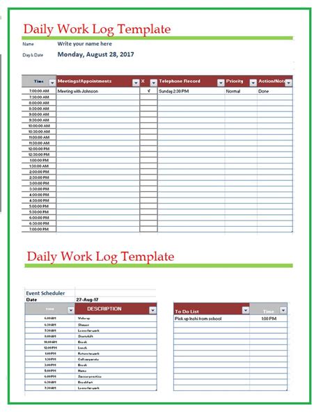 Daily Work Log Templates | 3+ Free Printable Word & Excel Formats | Schedule template, Daily ...