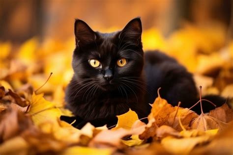 Black cat in autumn leaves 27428530 Stock Photo at Vecteezy